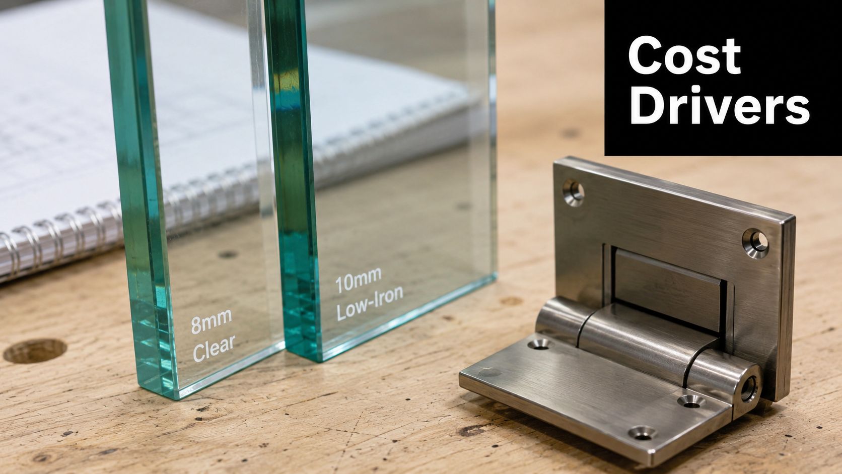 Samples of clear and low-iron glass next to a metal shower door hinge on a workbench