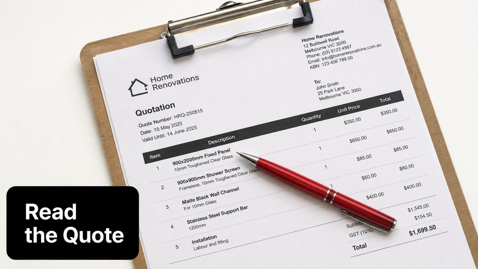 A printed renovation quote from Home Renovations with a red pen resting on the document clipboard.