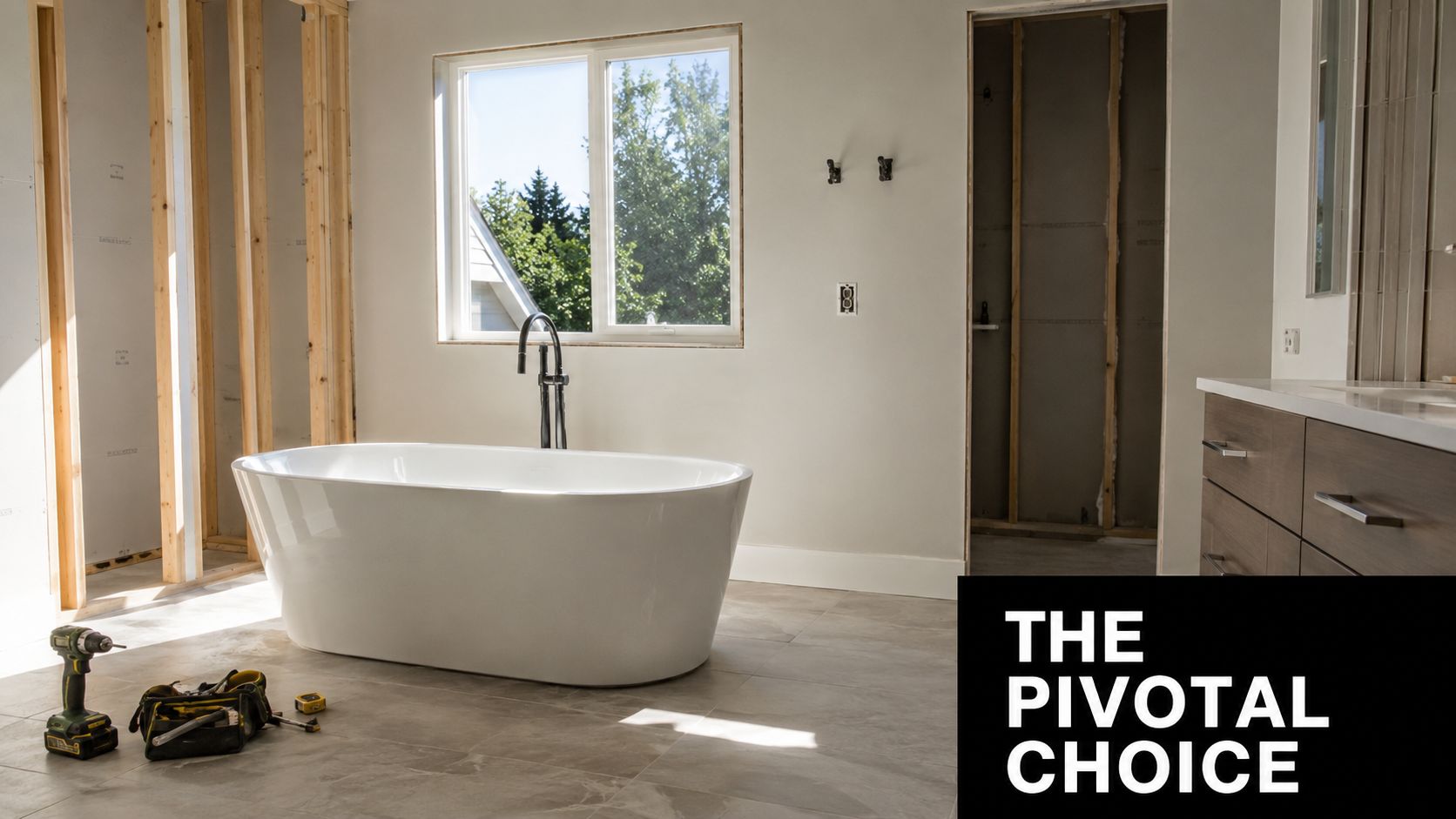 A modern freestanding white bathtub installed in a bathroom currently undergoing renovation with construction tools nearby.