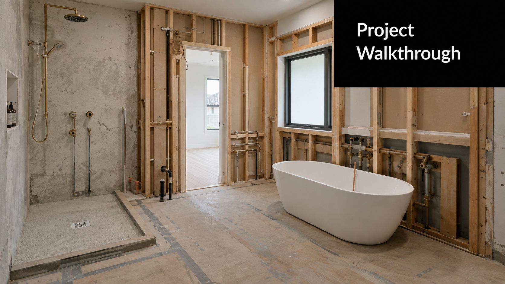 A bathroom under construction featuring an exposed shower area and a white freestanding bathtub.