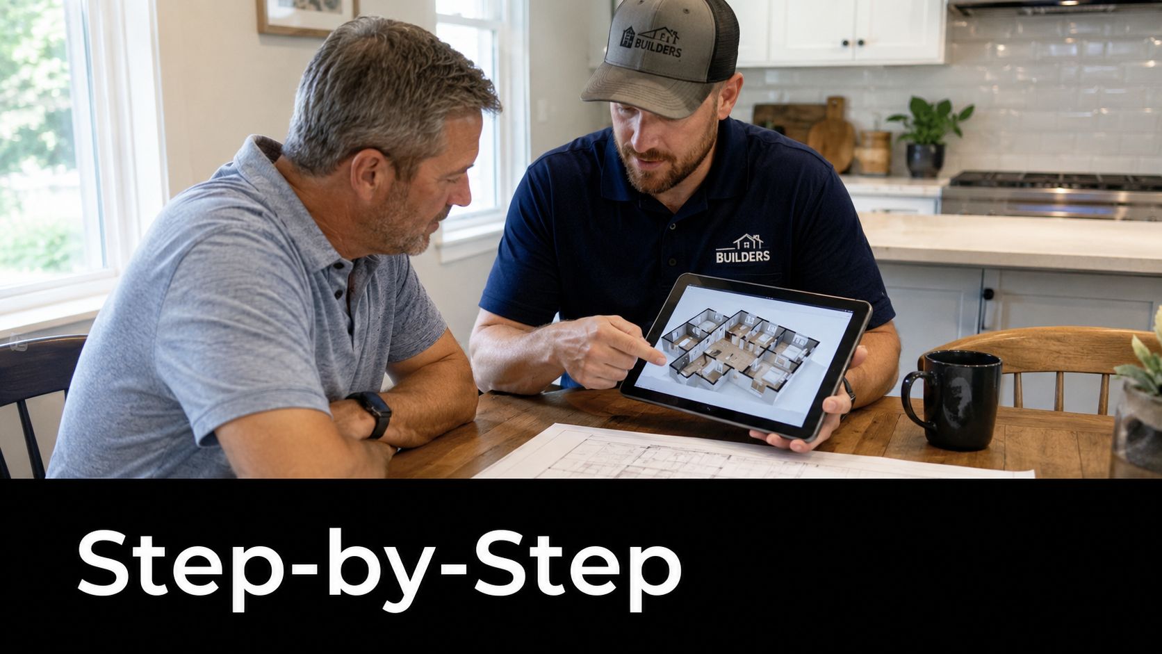 A builder discussing home floor plans on a tablet with a client at a wooden table.