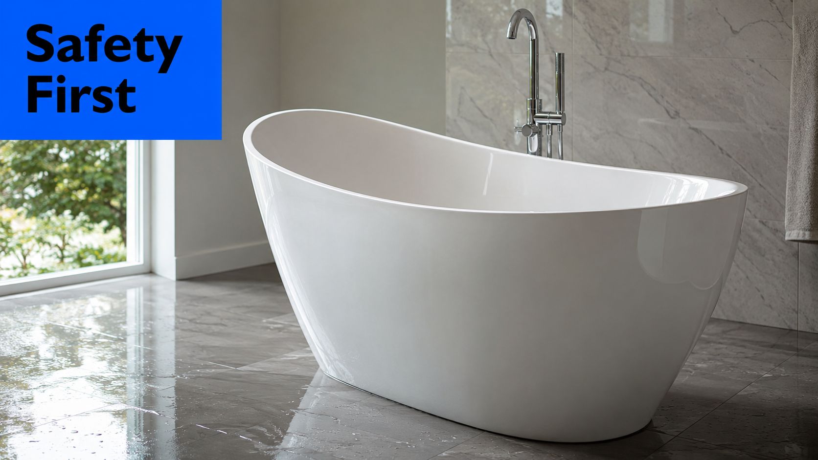 A modern white freestanding bathtub placed on a gray tiled floor in a bright luxury bathroom.