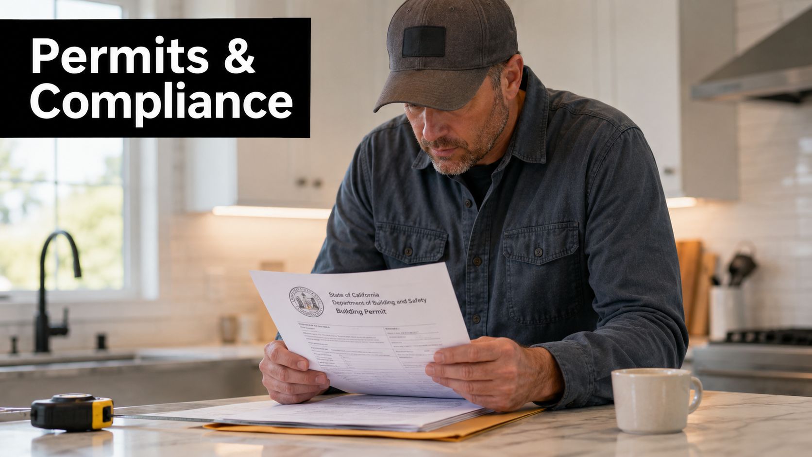 A man wearing a cap reviews official building permit documents on a kitchen counter.