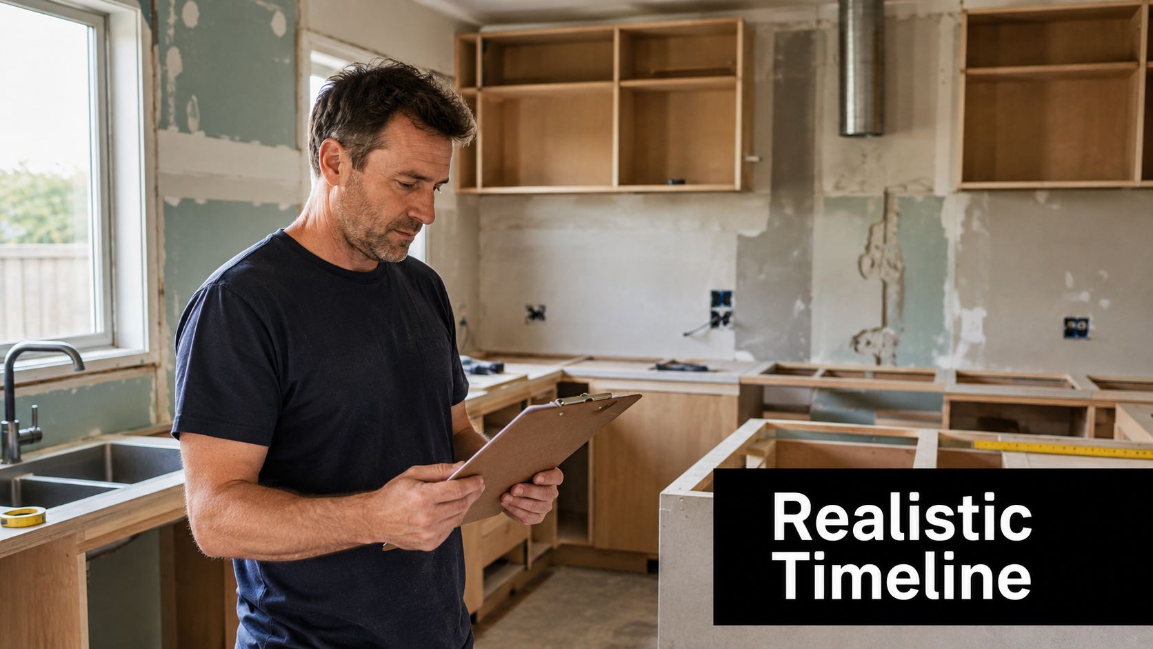 A professional kitchen contractor reviewing a checklist on a clipboard in a kitchen under renovation.