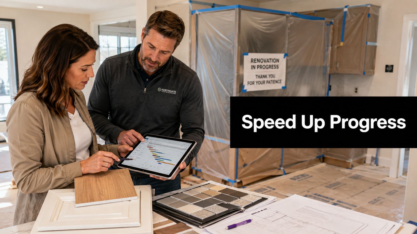 A contractor and a homeowner reviewing a project schedule on a tablet inside a kitchen remodel.