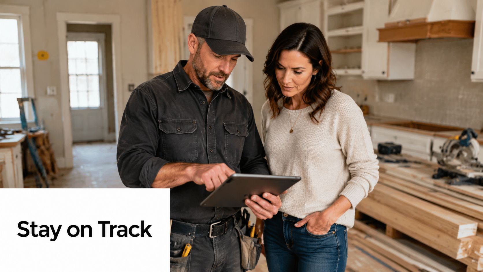 A professional contractor and a female homeowner discussing kitchen remodeling progress using a tablet in a construction zone.