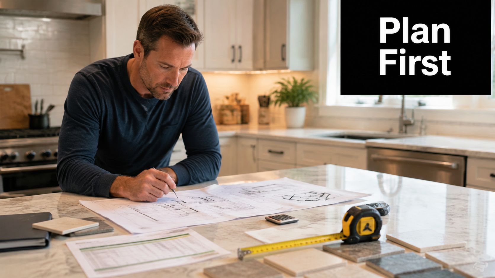 A man studying architectural blueprints on a kitchen island while planning a home renovation project.
