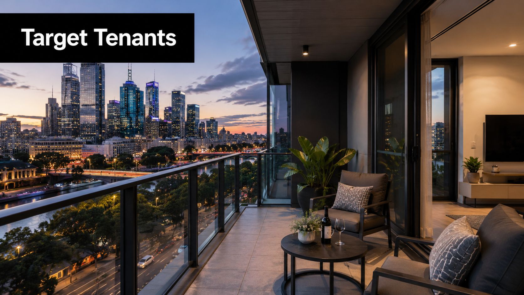 A luxurious apartment balcony overlooking a vibrant city skyline at sunset with comfortable outdoor seating.
