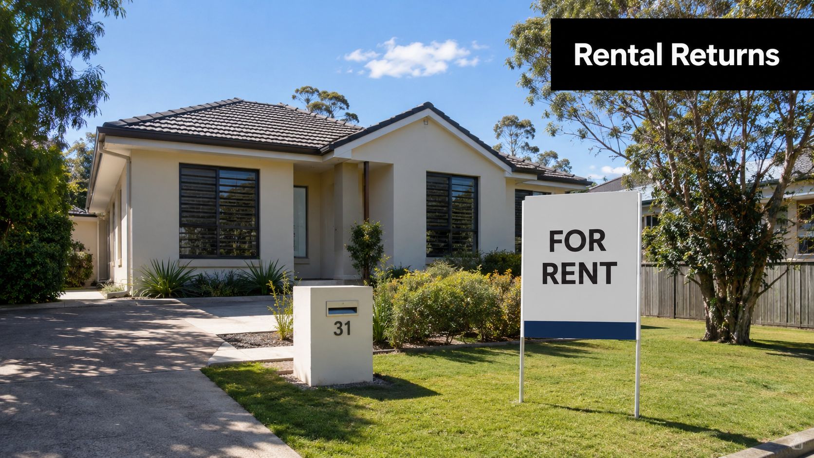 A modern single-story residential house for rent with a sign on the front lawn.