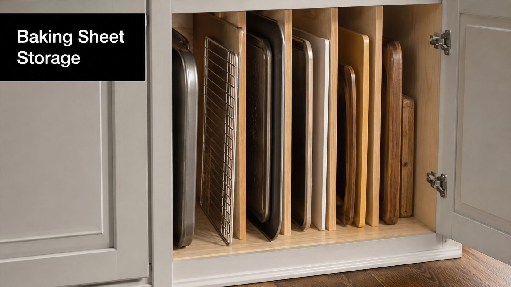 A kitchen cabinet organised with vertical dividers storing baking sheets, cooling racks, and wooden cutting boards.