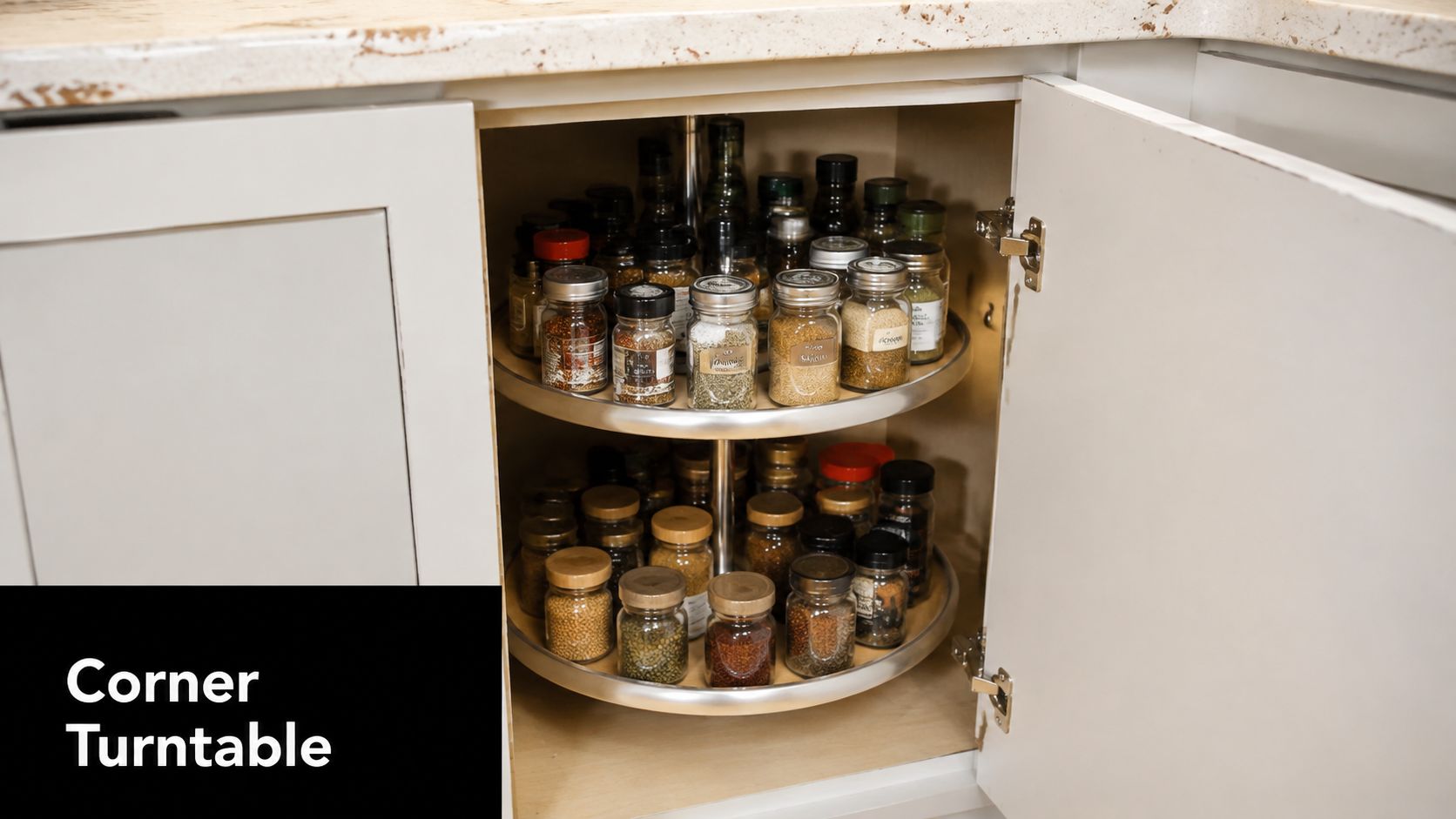 A two-tier corner lazy Susan turntable inside a kitchen cabinet filled with various spice jars.