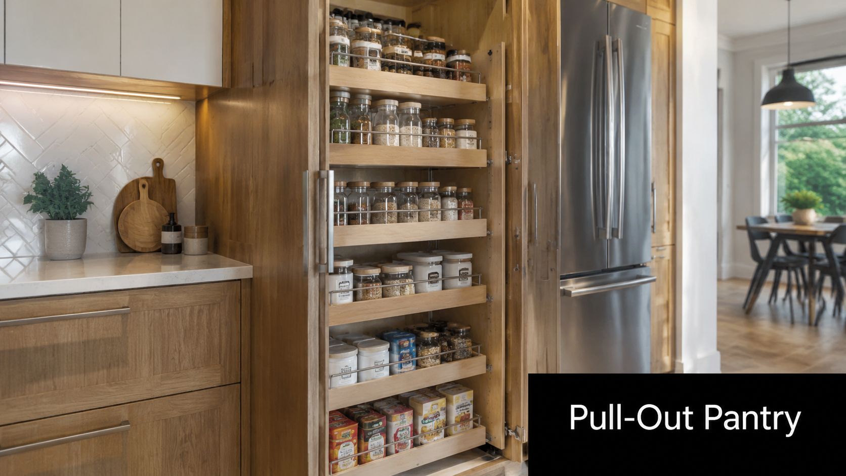 A wooden pull-out pantry cabinet stocked with various dry goods, spices, and jars in a modern kitchen.