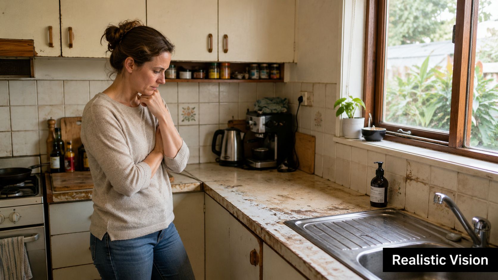 A pensive woman standing in a cluttered, aged kitchen while looking down at the worn countertops.