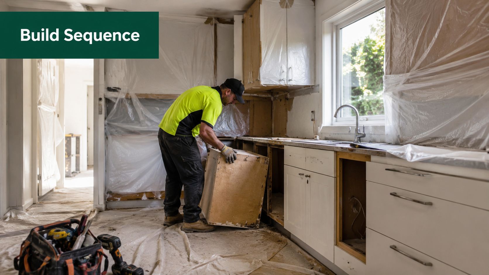 A professional construction worker installing a base cabinet in a kitchen undergoing renovation in Melbourne.
