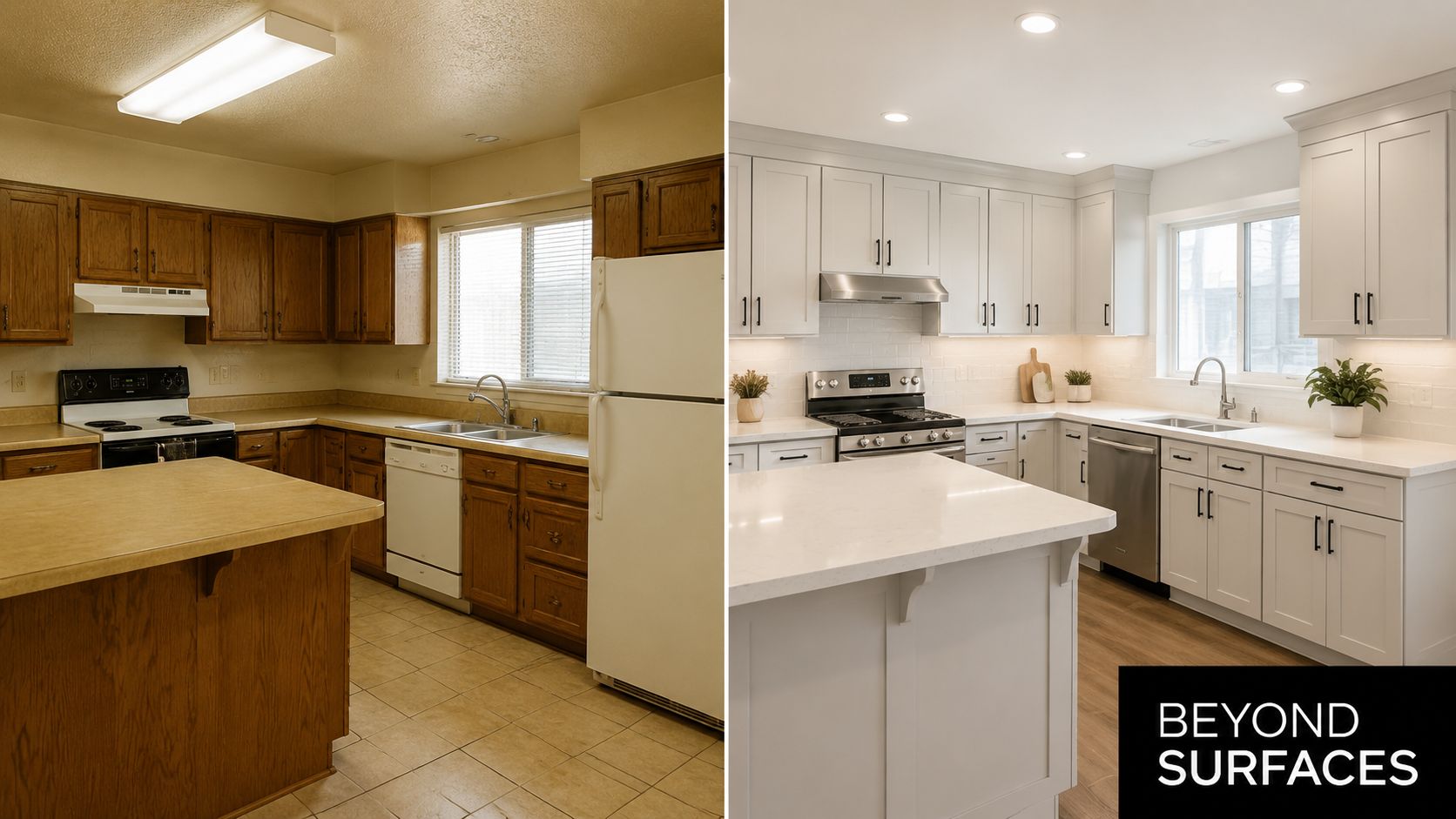 A side-by-side comparison of a kitchen renovation showing the transformation from dated wood to modern white.