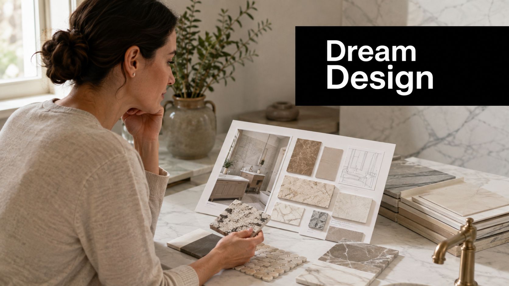 A professional interior designer reviews natural stone bathroom tiles and marble samples for a room renovation project.