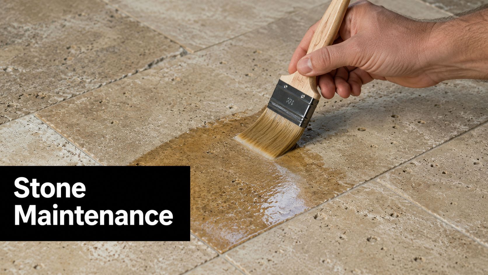 A person applying a protective sealant to natural stone floor tiles using a professional paint brush.