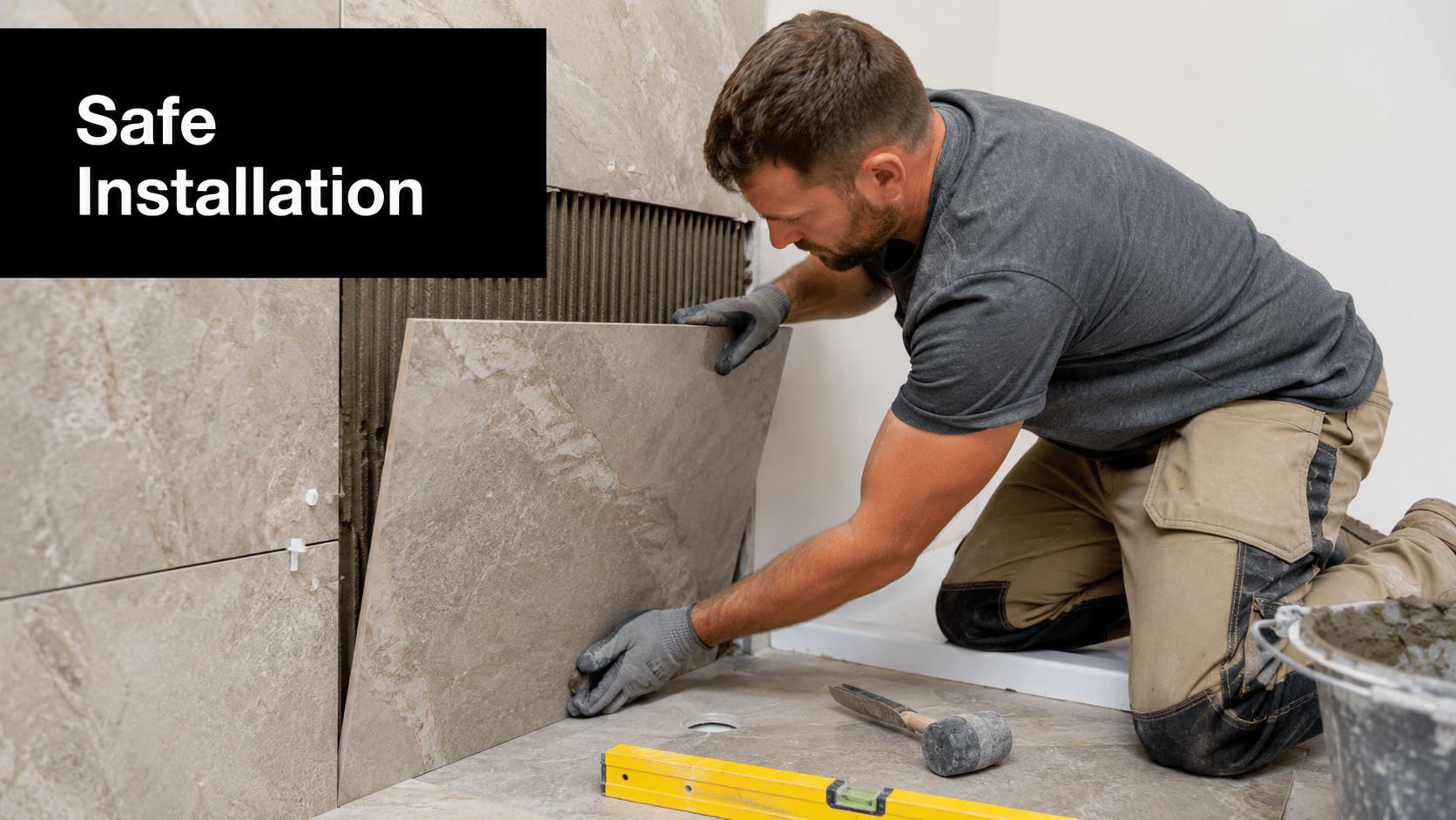 A professional construction worker installing large natural stone tiles on a bathroom wall.