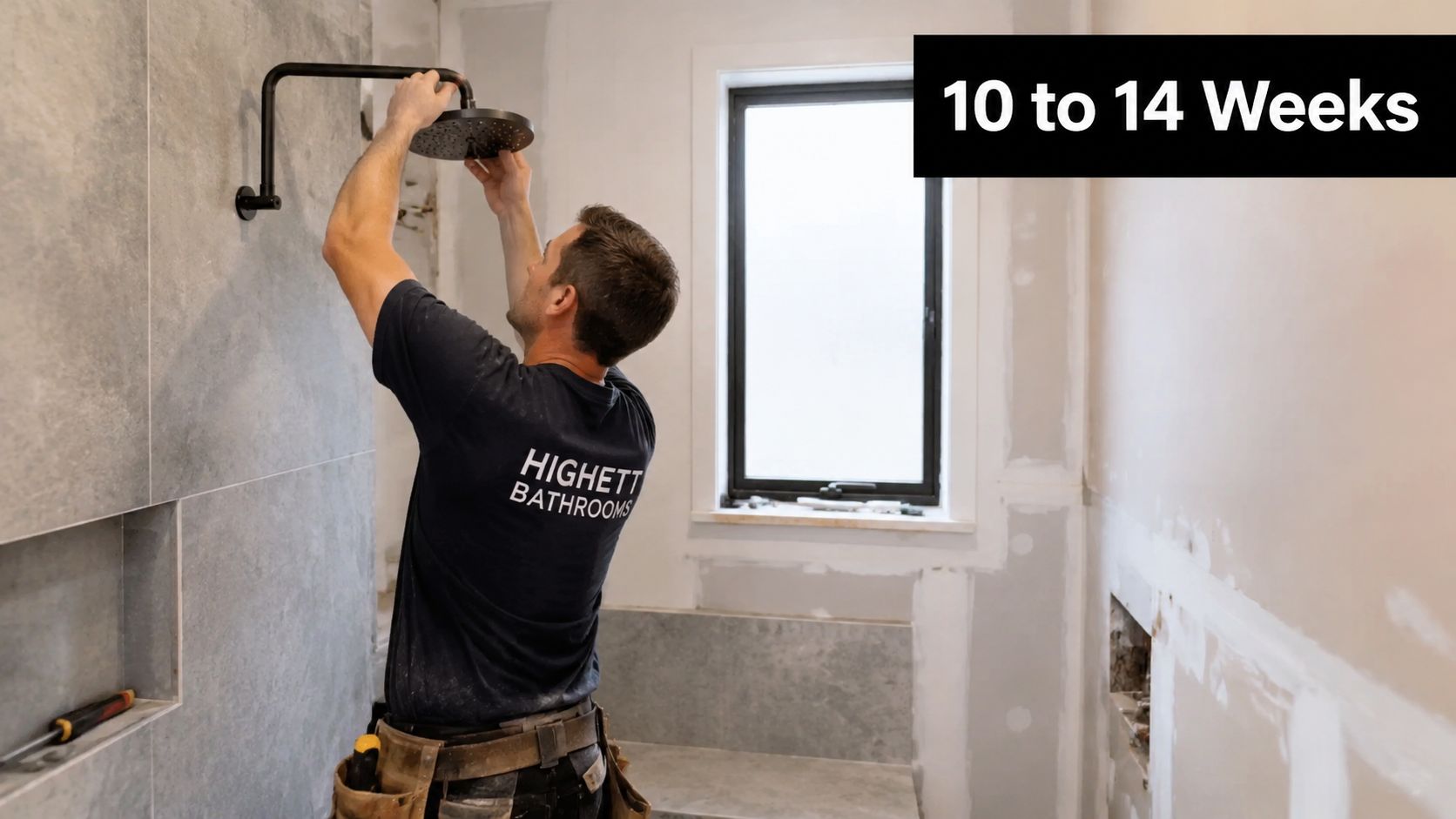 A professional bathroom installer working on a shower head fixture during a residential home renovation project.