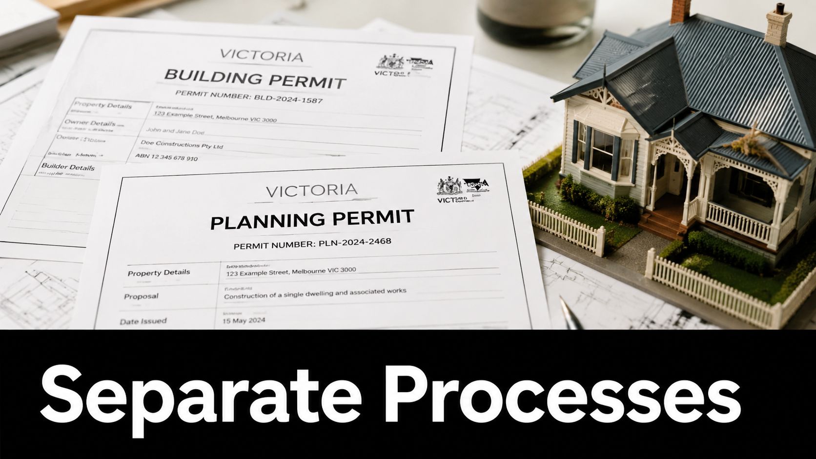 Building and planning permits for a home renovation project with a miniature model house on top of blueprints.