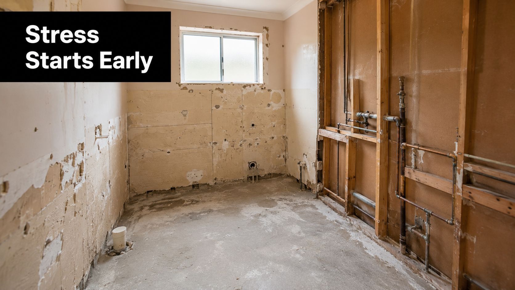 An unfinished room undergoing a home renovation with exposed wooden wall studs and plumbing pipes exposed.
