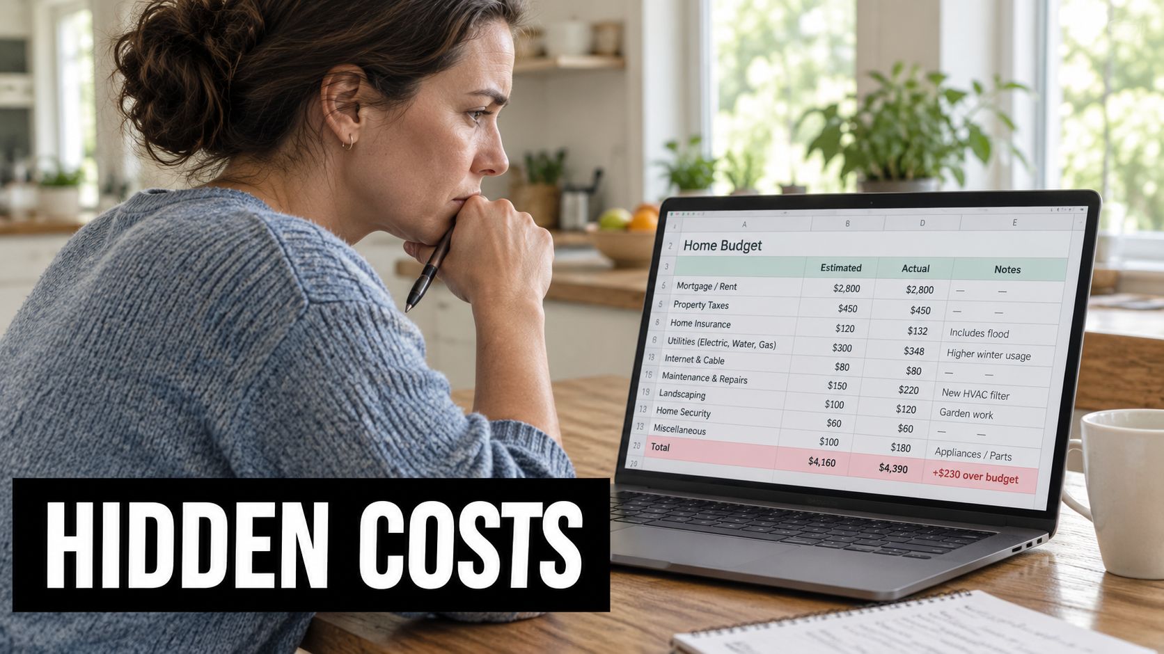 A woman looks concerned while reviewing a digital home budget spreadsheet on her laptop computer screen.
