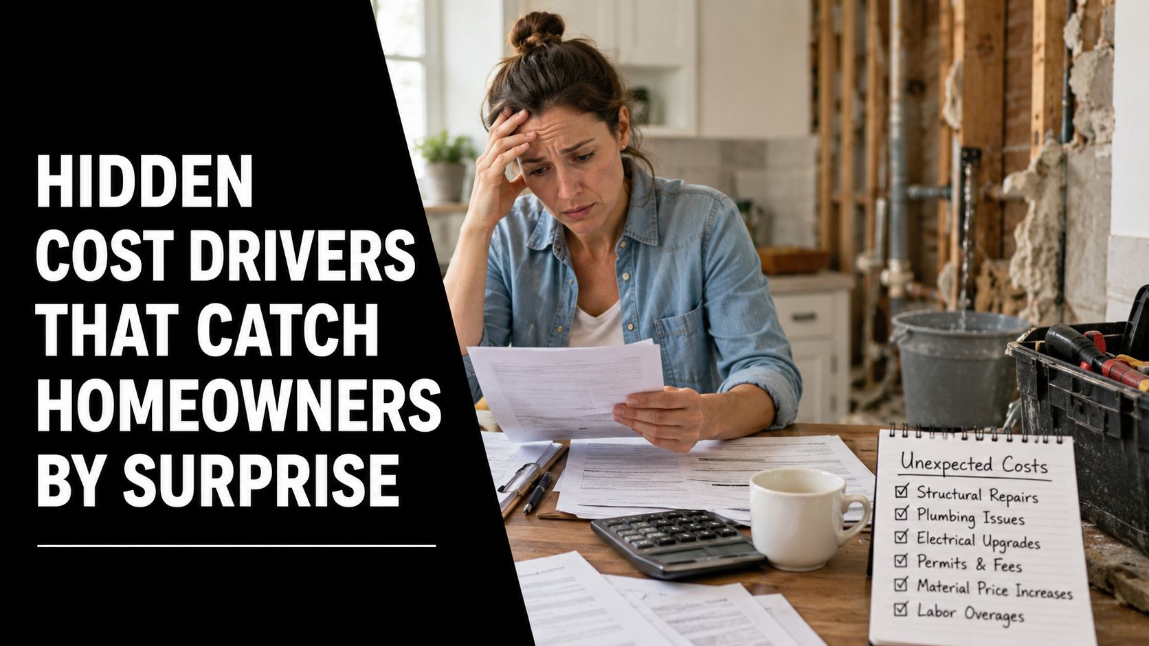 A stressed homeowner reviewing financial paperwork in a construction zone with a list of unexpected renovation costs.