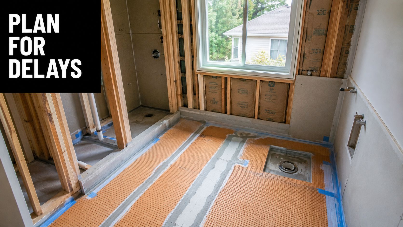 A bathroom renovation project in progress with framing, plumbing, and orange waterproof underlayment visible.