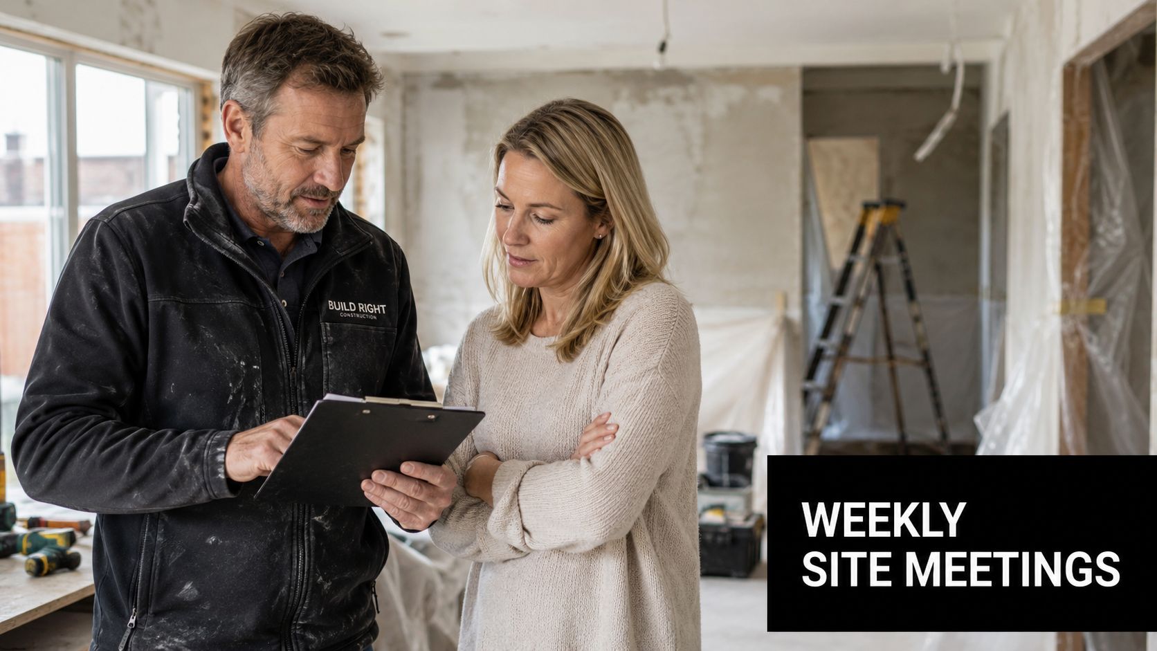 A construction manager reviews a project plan with a client at a home renovation site.