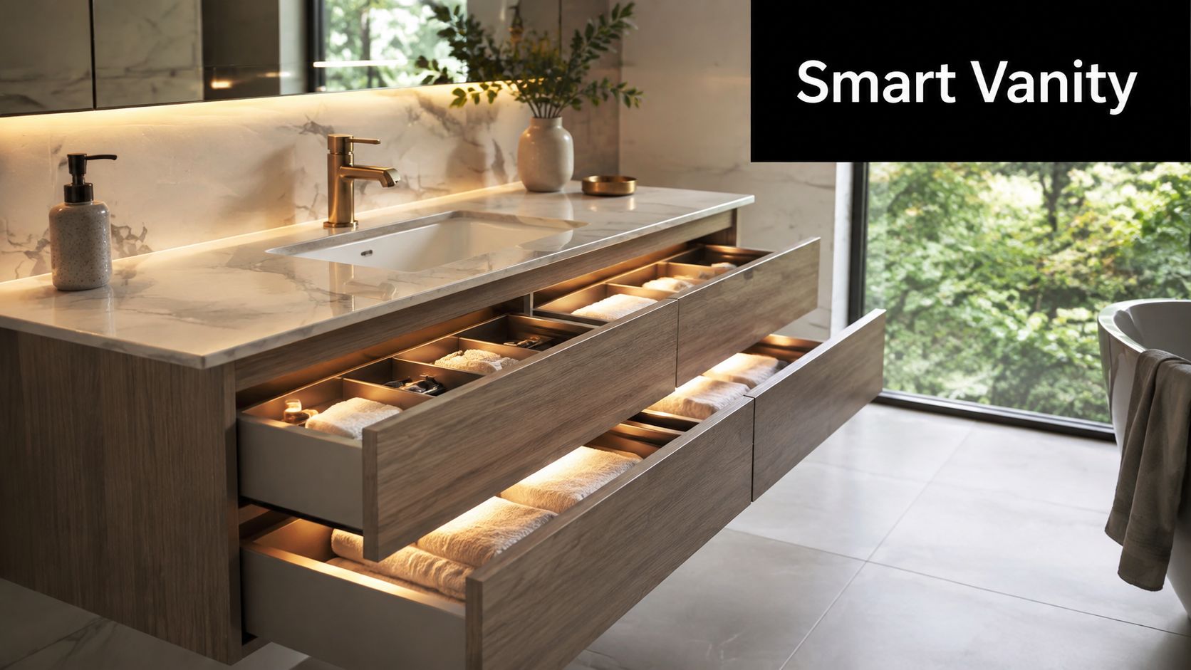 A modern floating bathroom vanity with illuminated drawers featuring organized storage and marble countertop