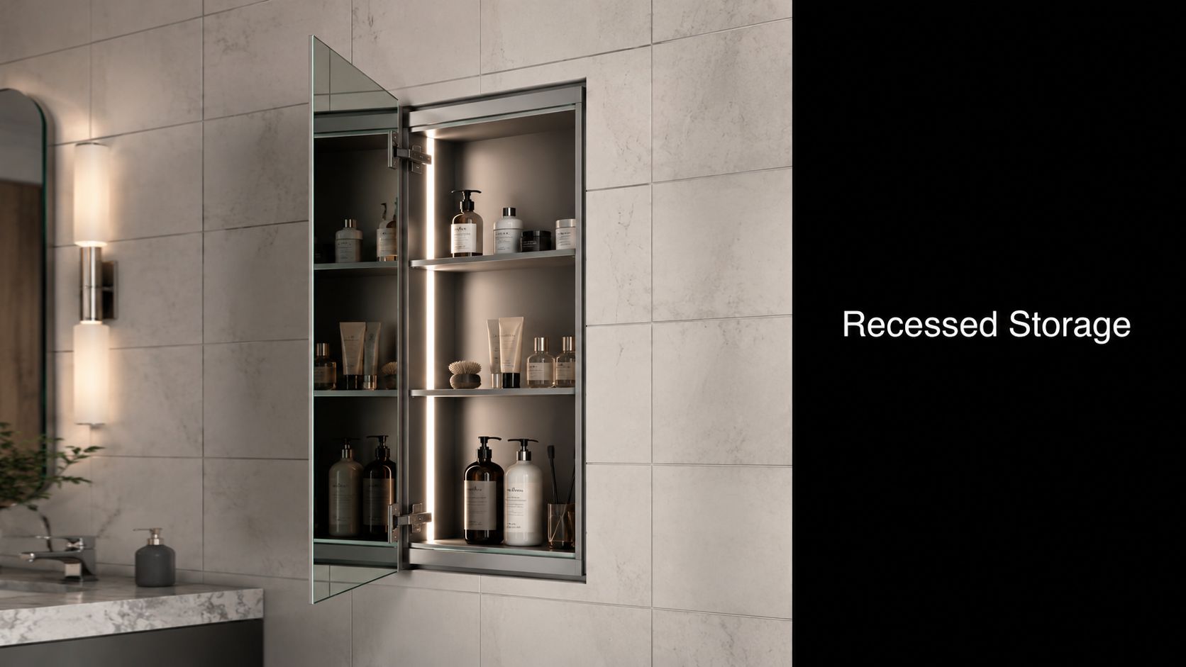 A modern recessed medicine cabinet with built-in LED lighting and organized shelves inside a tiled bathroom.