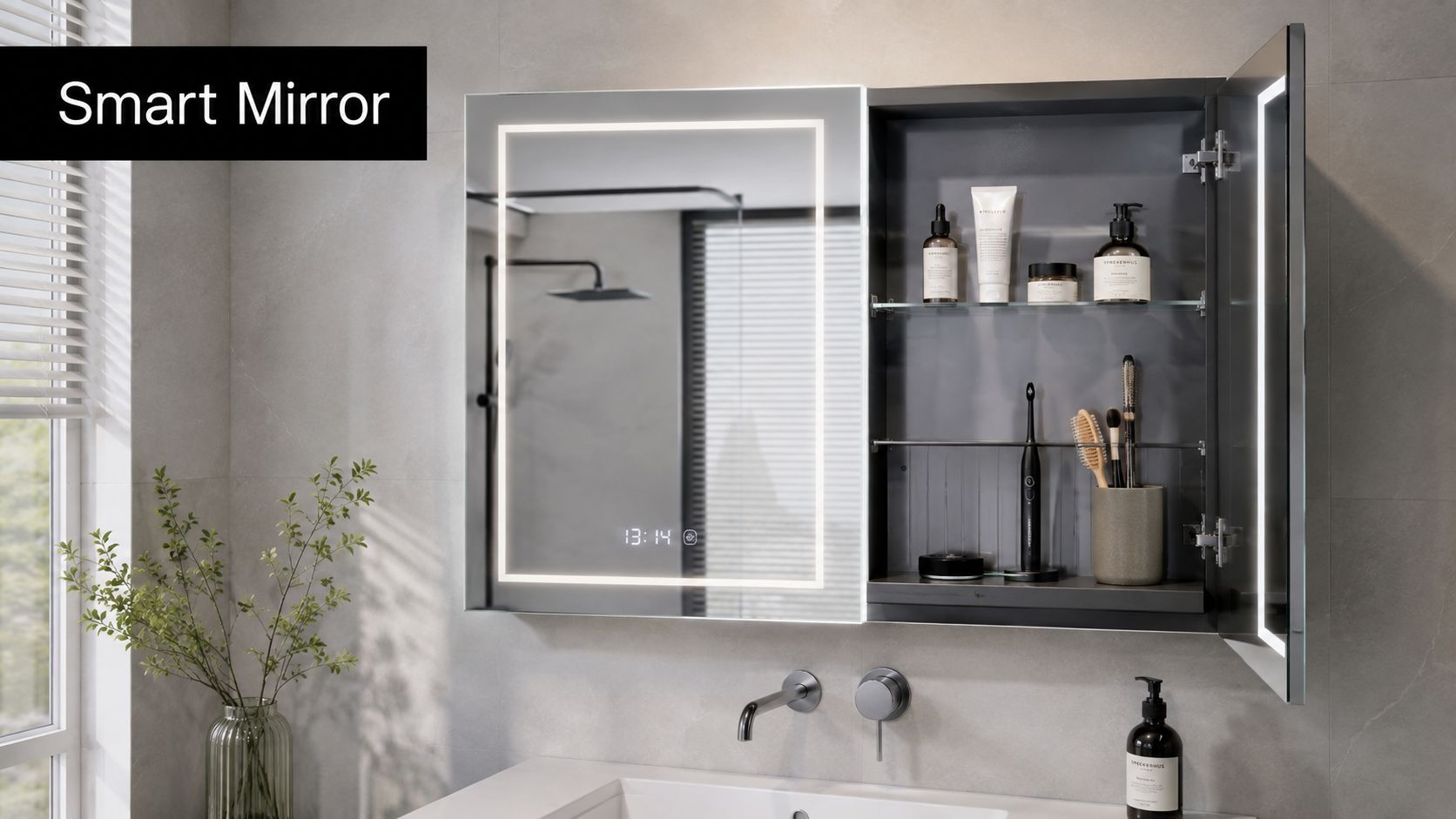 A modern smart bathroom mirror cabinet with integrated LED lighting and a built-in digital clock display.