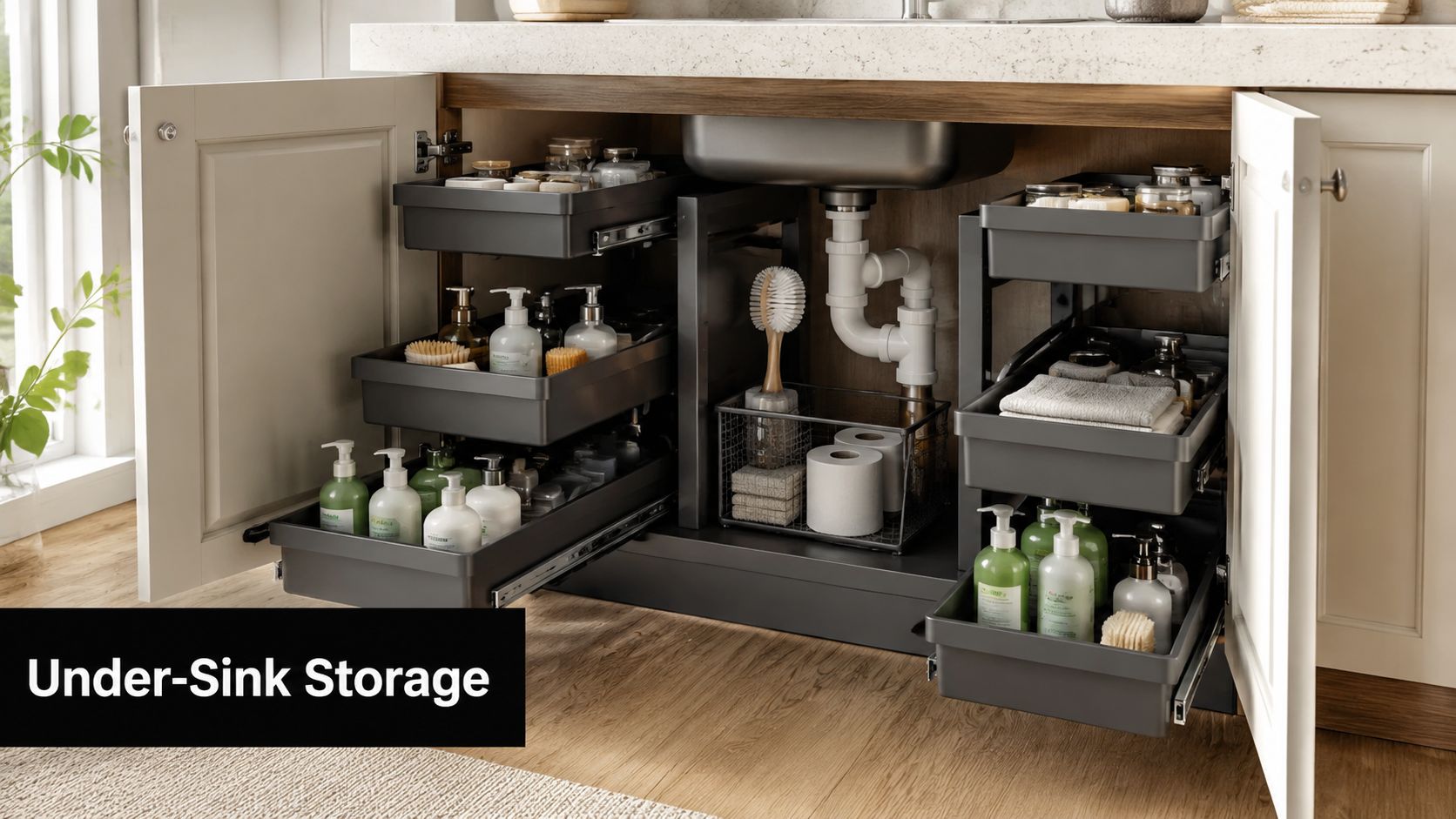 A modern kitchen sink cabinet featuring organized pull-out drawers filled with cleaning supplies and household items.