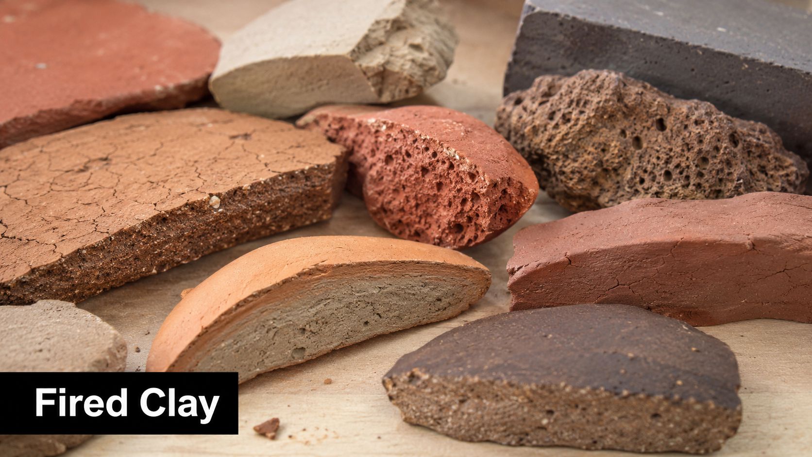 Various samples of fired clay and ceramic materials displayed on a light wooden background surface.