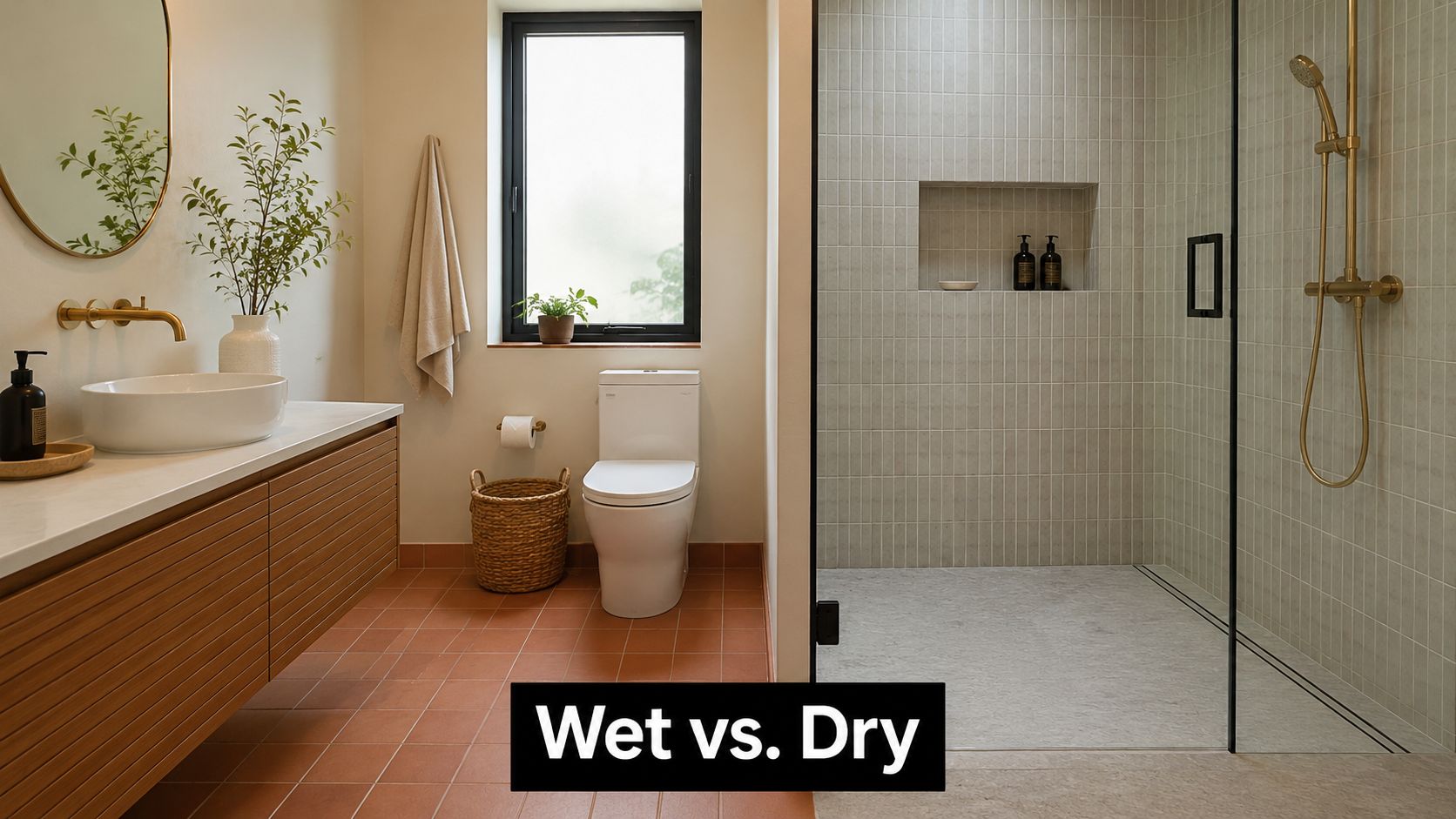 A modern bathroom design featuring terracotta tiles in the dry area and a minimalist walk-in glass shower.