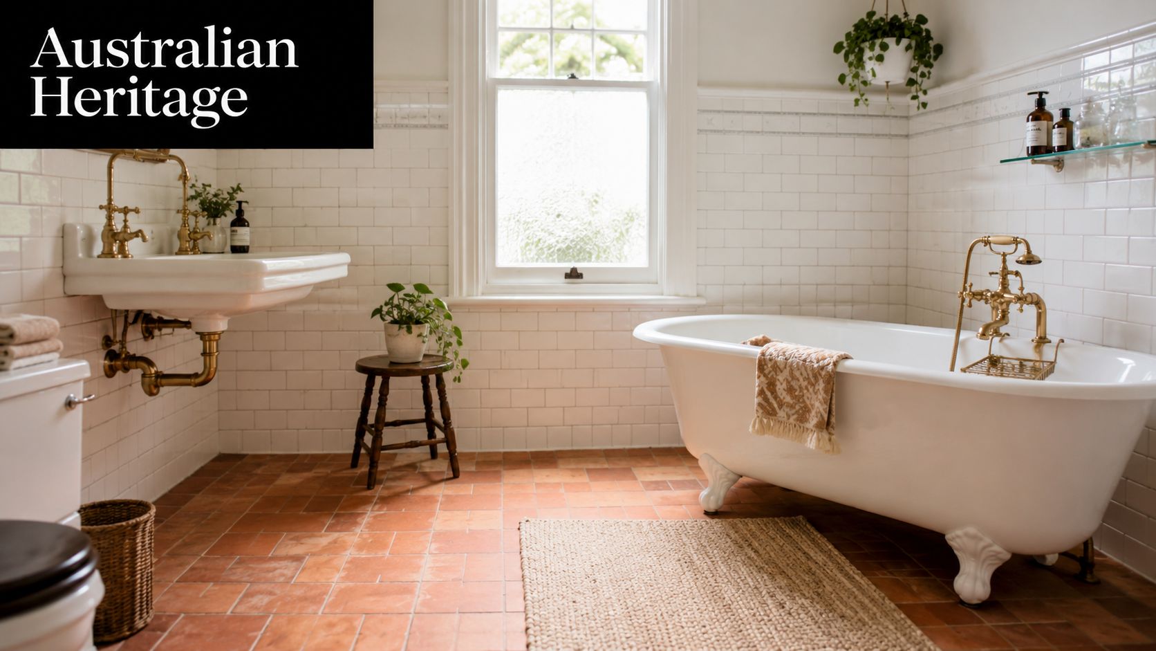 A vintage-style bathroom featuring a classic clawfoot tub, pedestal sink, and beautiful terracotta floor tiles.