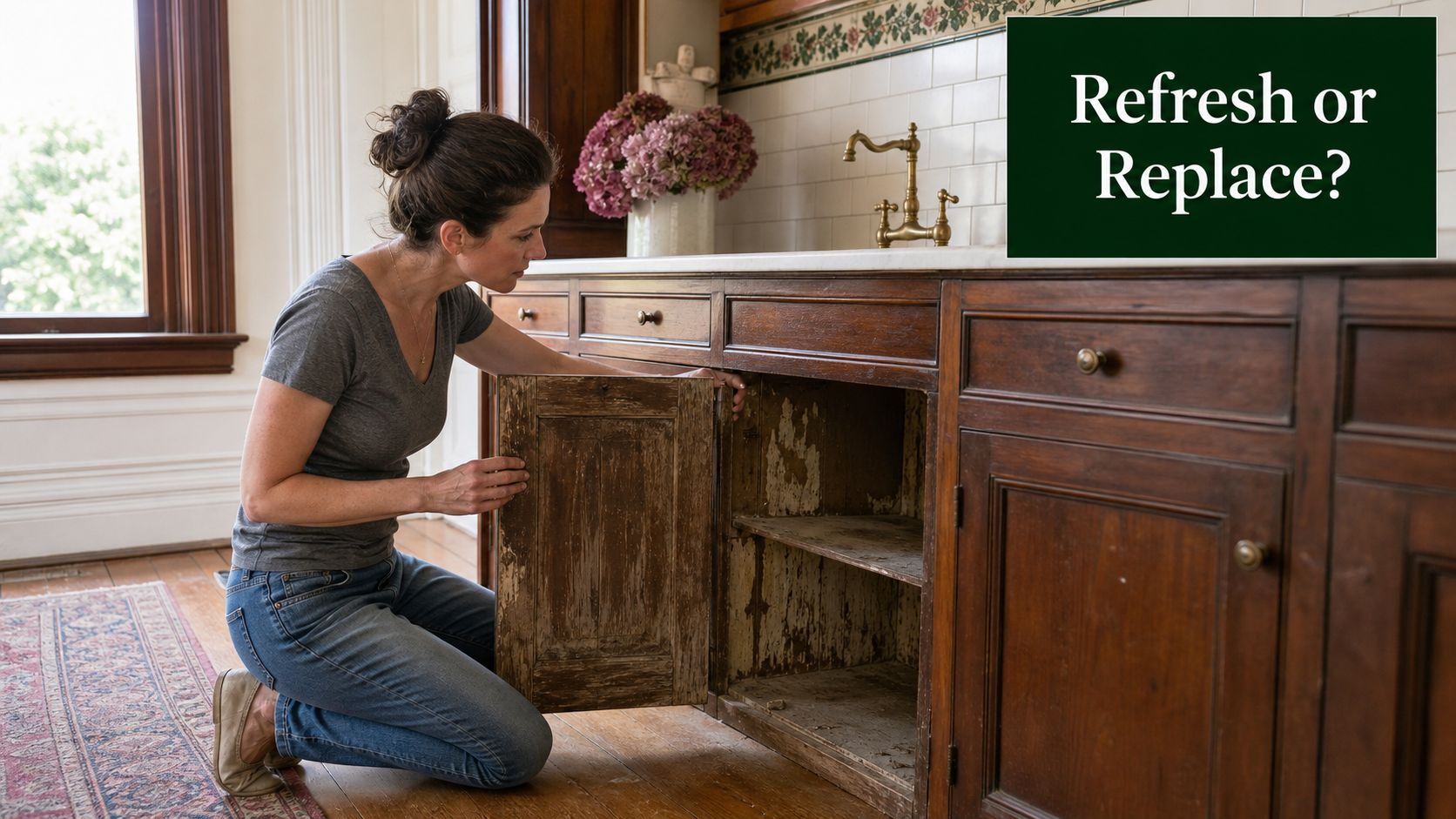 A woman kneeling on a rug examining the worn interior of an old wooden kitchen cabinet.
