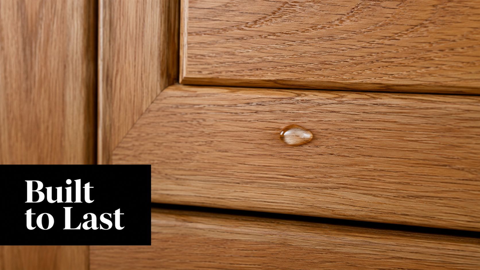 A close-up view of a polished wooden cabinet door with a single water droplet resting on it.