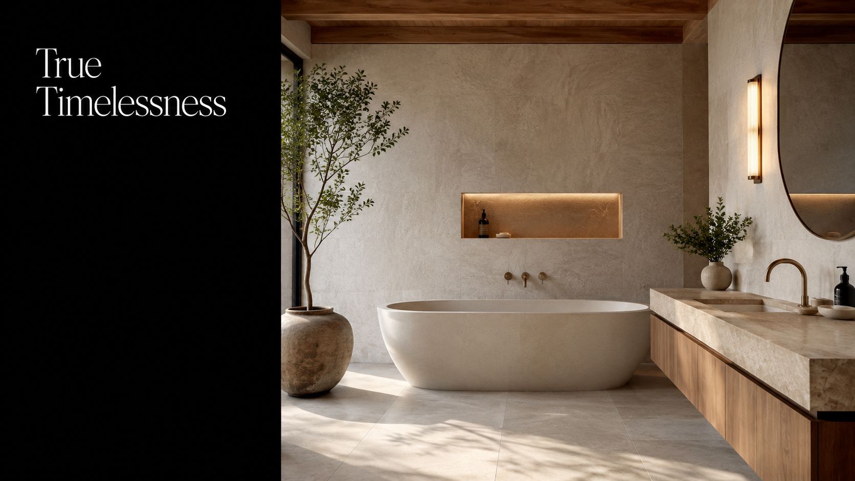 A luxurious, modern bathroom with a minimalist stone bathtub, warm lighting, and natural wood accents.