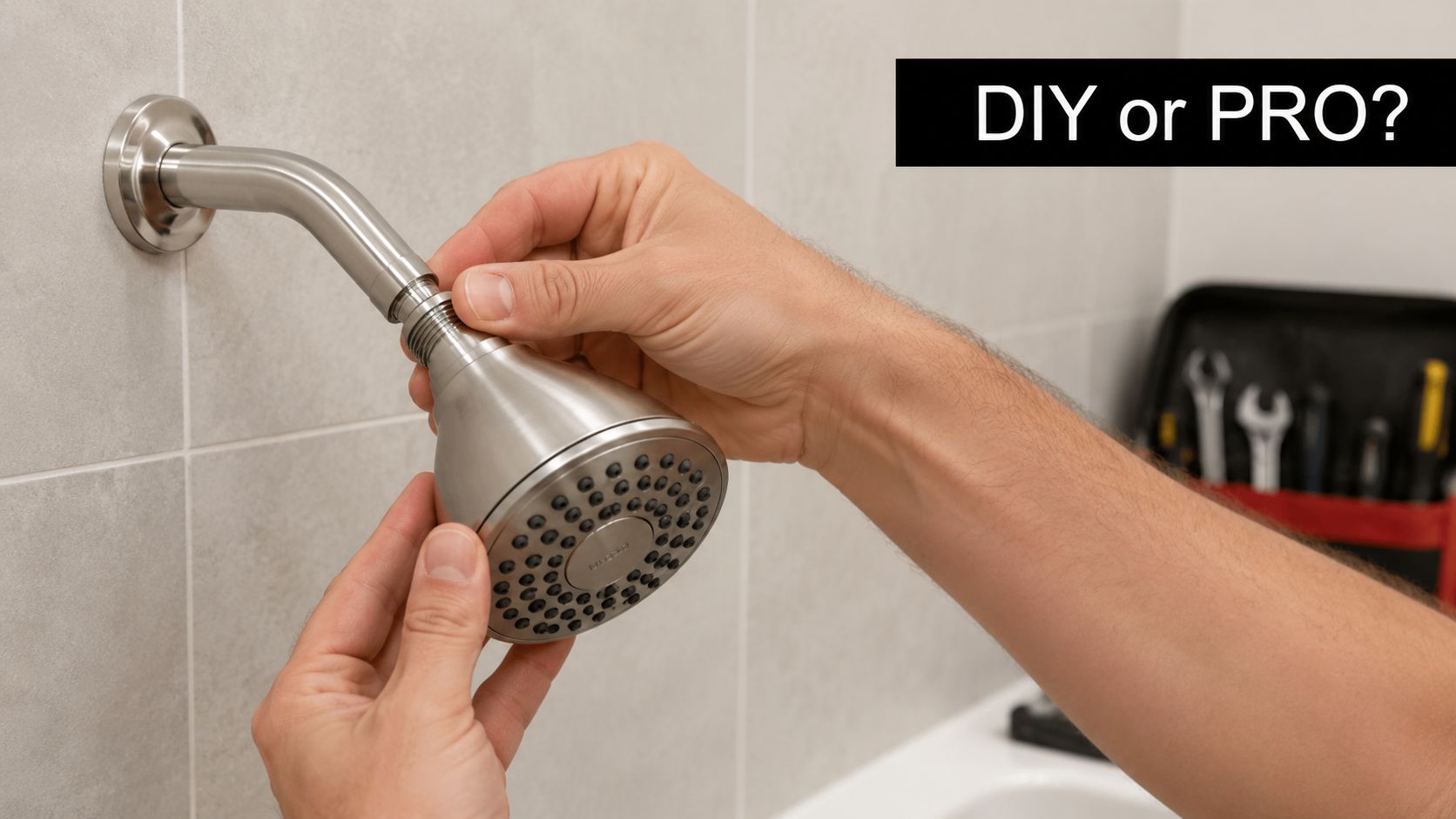 A person installing a new water saving shower head onto a shower pipe in a bathroom.
