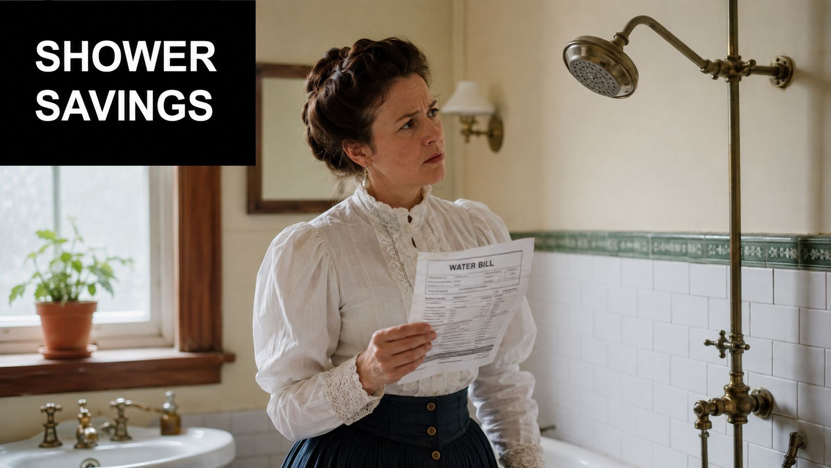A woman dressed in vintage clothing stands in a bathroom looking concerned at her high water bill.