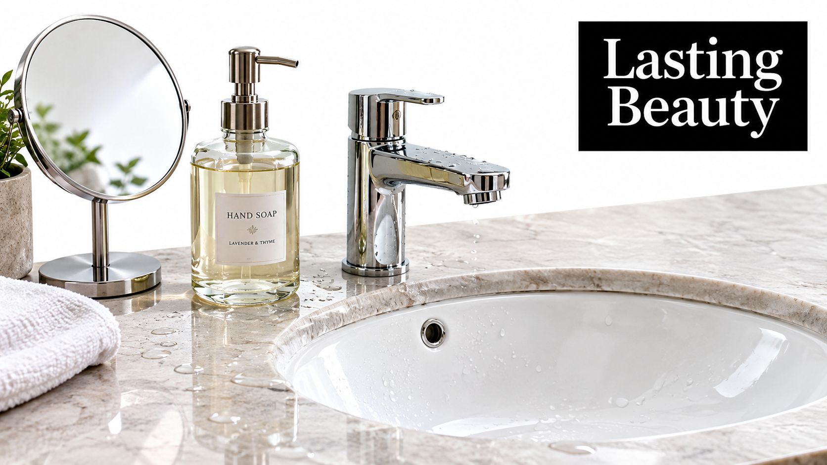 A luxurious marble bathroom countertop featuring a polished chrome faucet, a hand soap bottle, and a mirror.