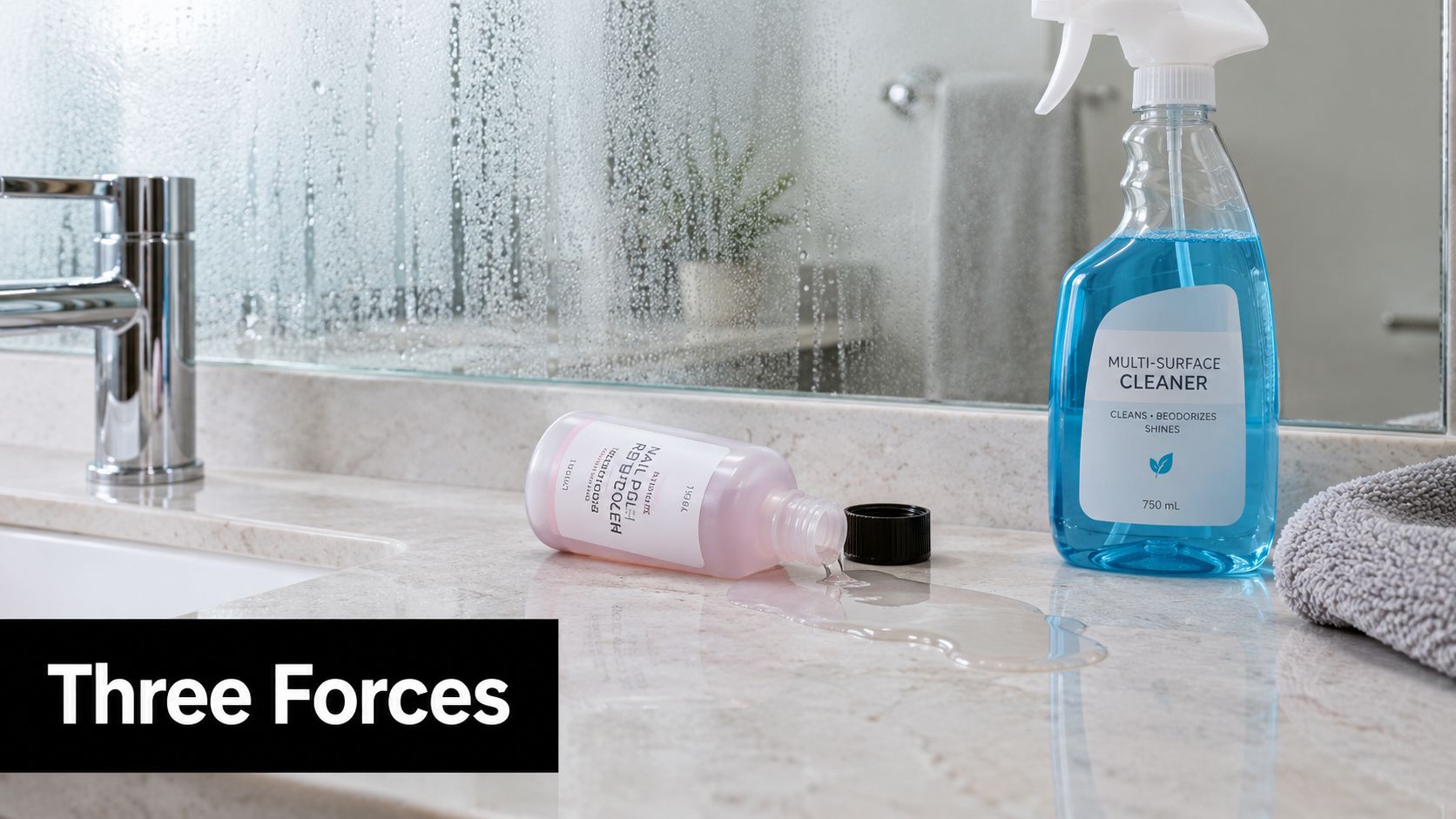 A bathroom vanity countertop made of stone with a spilled bottle of liquid and cleaning supplies.