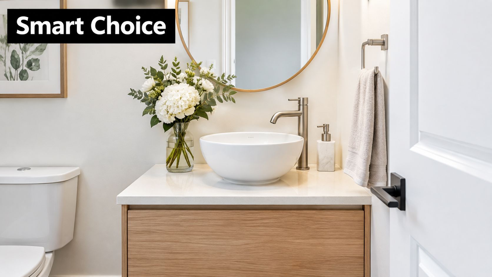 A modern bathroom vanity featuring a white vessel sink, wood cabinet, and stylish gold fixtures.