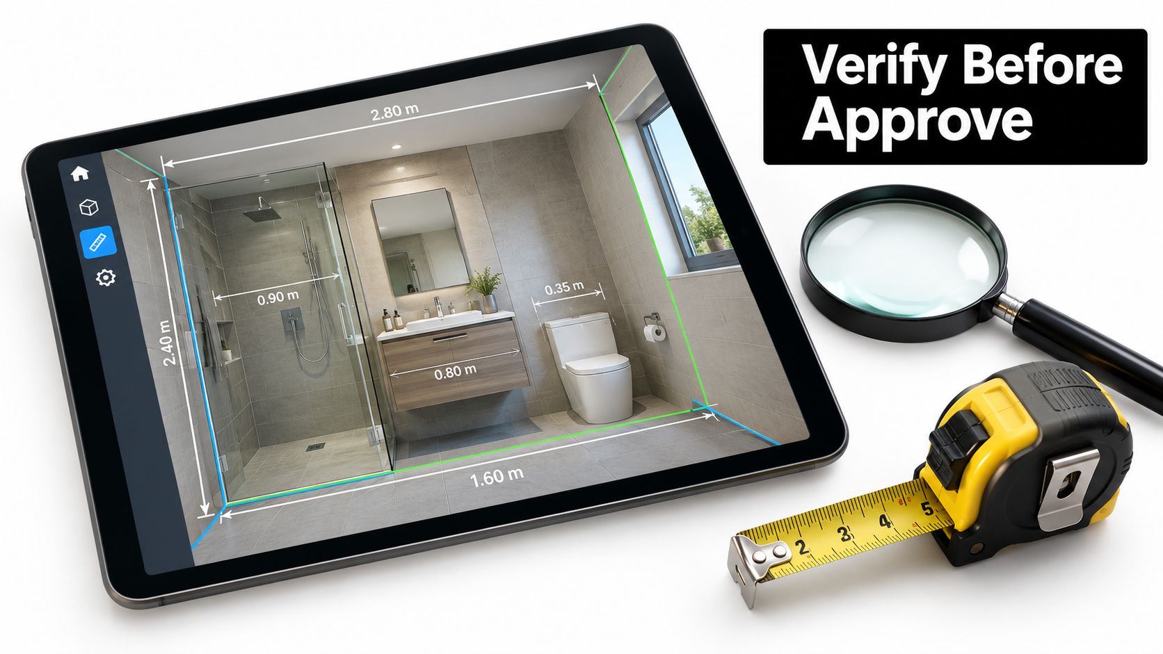 A digital tablet displaying a bathroom renovation layout with measurement annotations next to a magnifying glass and tape.
