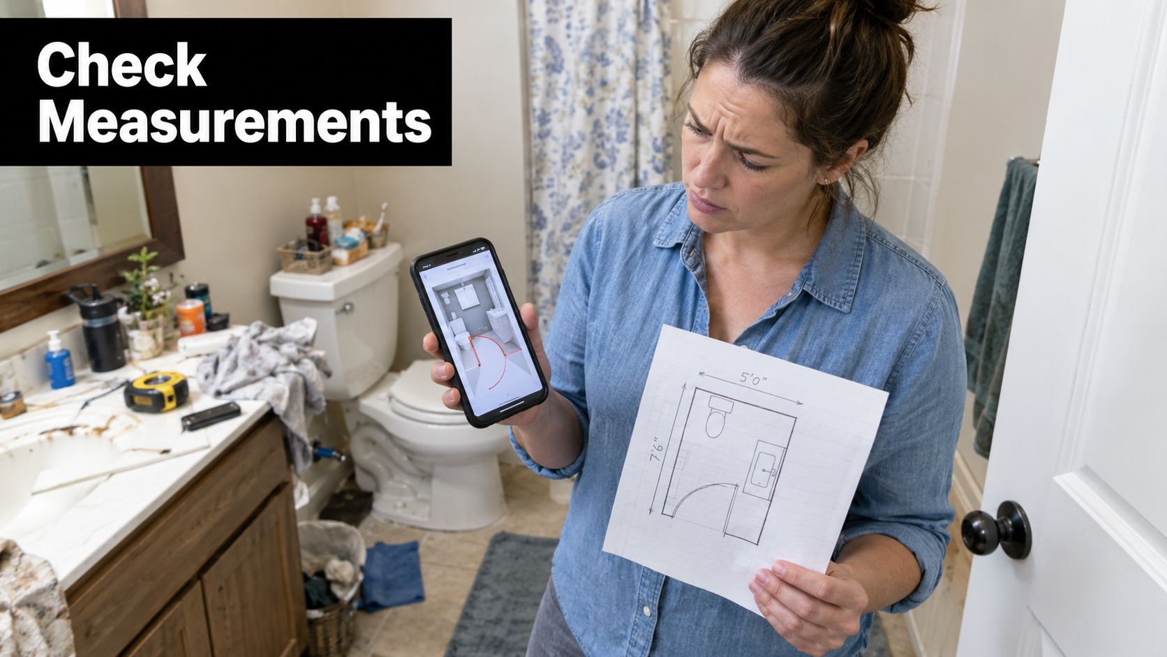 A confused woman comparing her bathroom renovation floor plan on paper and her phone while standing inside.