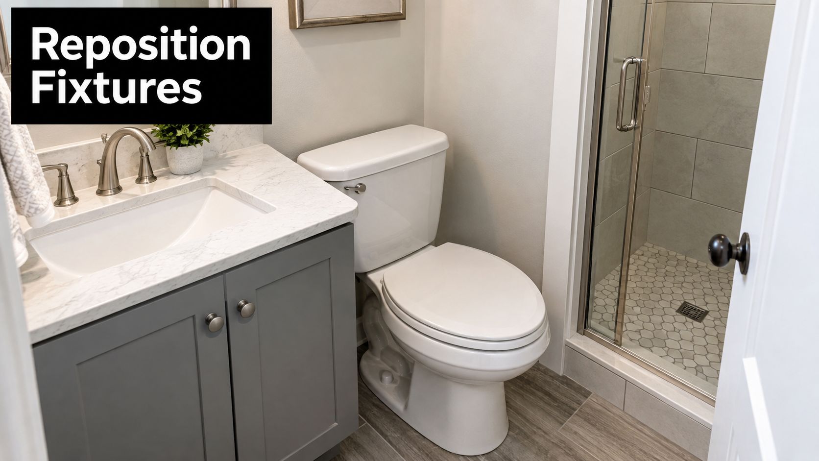 A clean bathroom featuring a gray vanity, a white toilet, and a glass-enclosed shower stall.