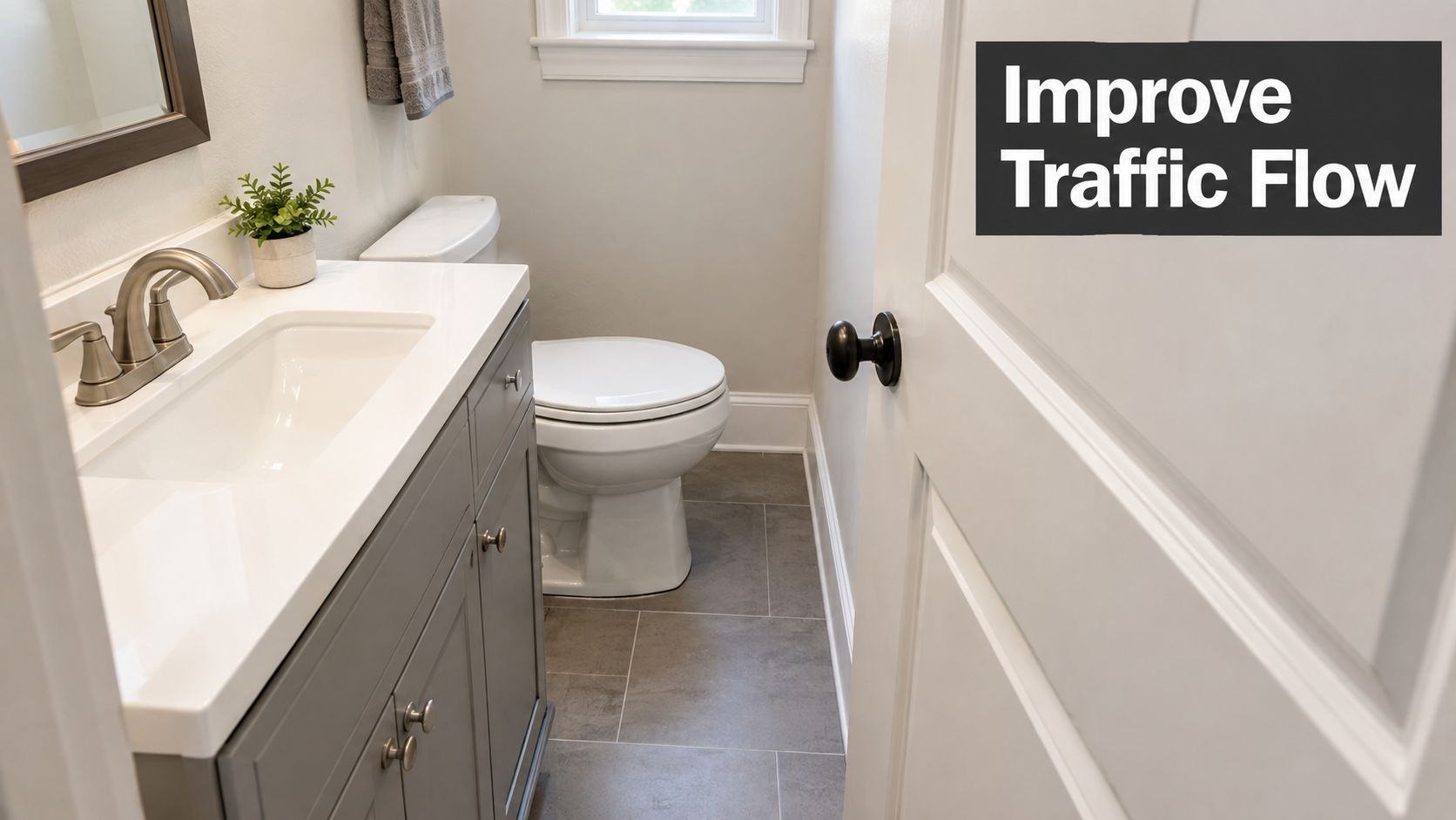 A small bathroom interior showing a vanity cabinet and toilet positioned near a bathroom door entrance.