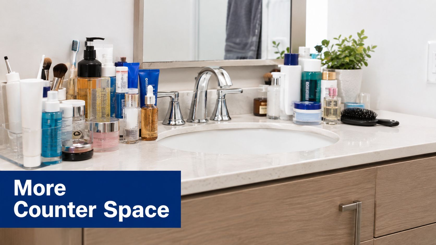A cluttered bathroom vanity countertop filled with various skin care products, brushes, and toiletries.