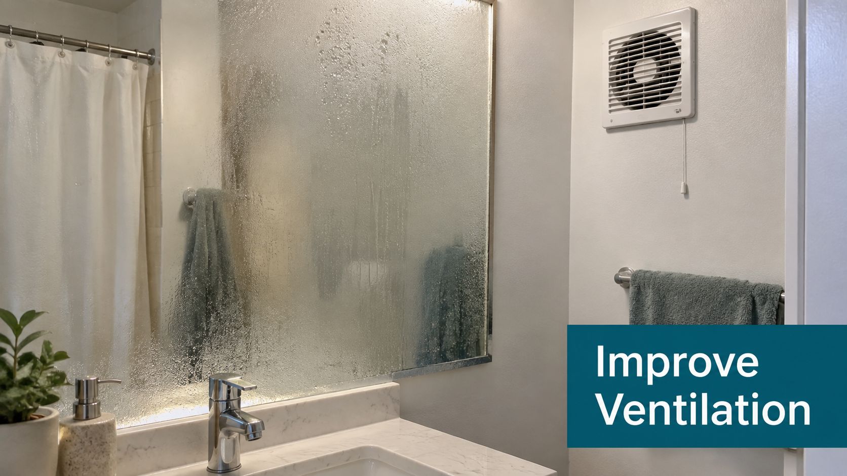A fogged-up bathroom mirror reflecting a humid environment indicating a need for improved ventilation and airflow.